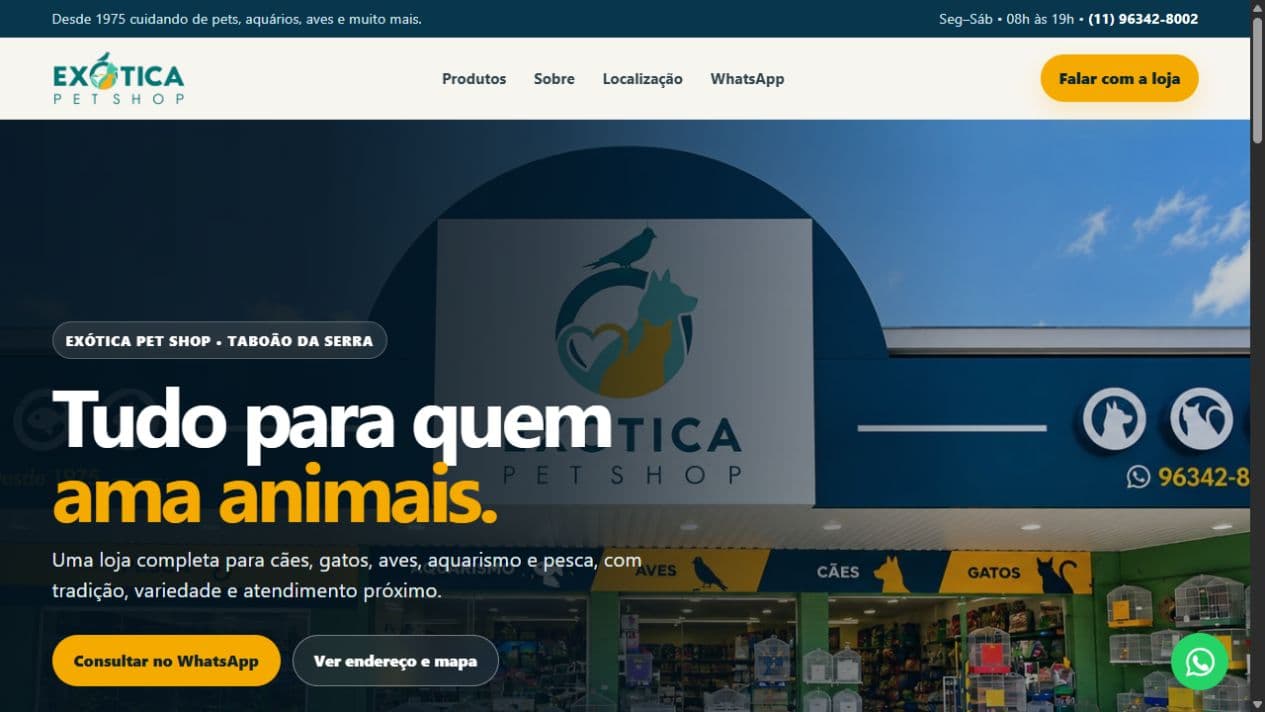 Captura da página inicial publicada de Exótica Pet Shop