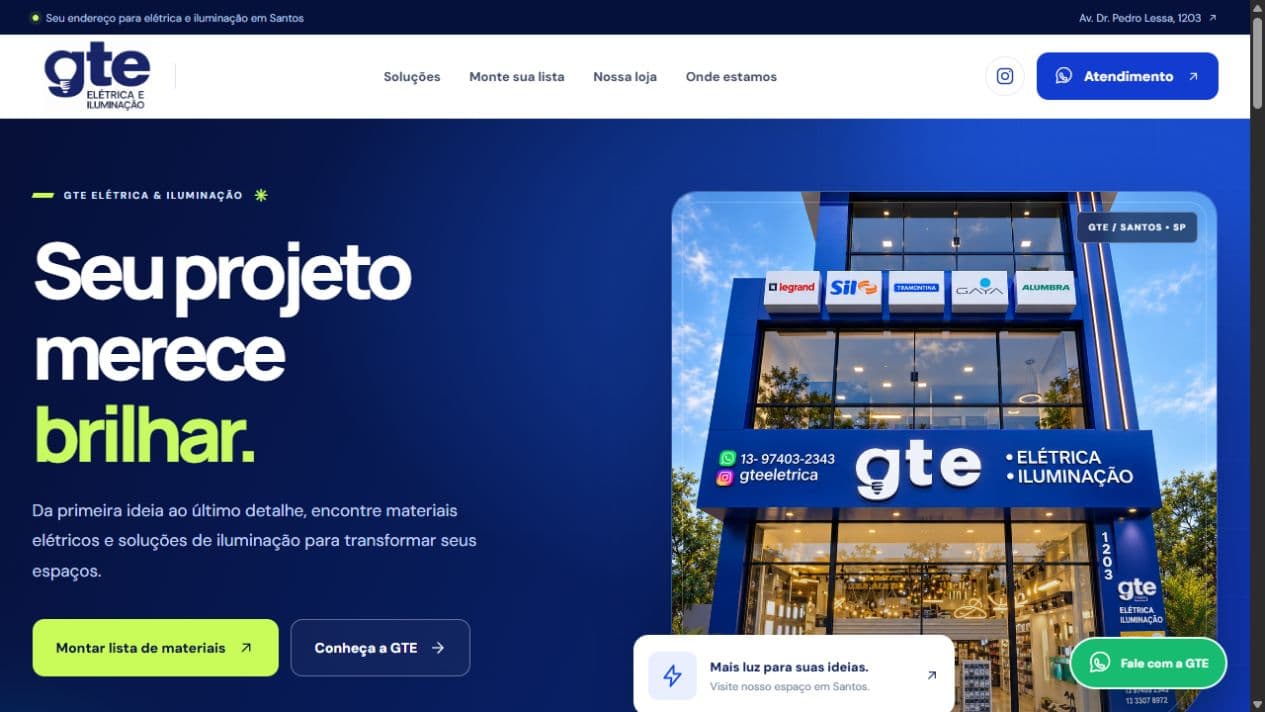 Captura da página inicial publicada de GTE Elétrica & Iluminação