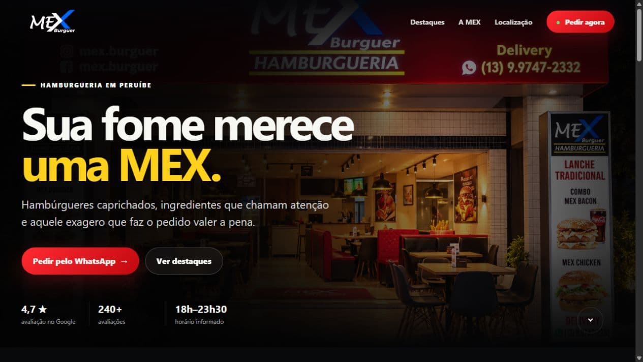 Captura da página inicial publicada de Mex Burguer